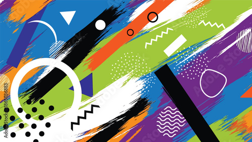 Urban mural vector artwork featuring expressive brush-like strokes, geometric accents, and rhythmic patterns on stylized wall background, graffiti-inspired flat design for modern creatives