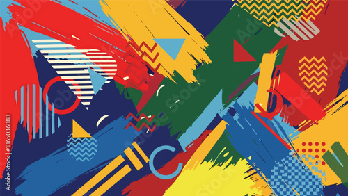 Urban mural vector artwork featuring expressive brush-like strokes, geometric accents, and rhythmic patterns on stylized wall background, graffiti-inspired flat design for modern creatives