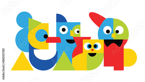 Street art inspired mural vector illustration with playful abstract characters simplified into shapes, friendly graffiti aesthetic ideal for youth-focused posters and urban wallpapers