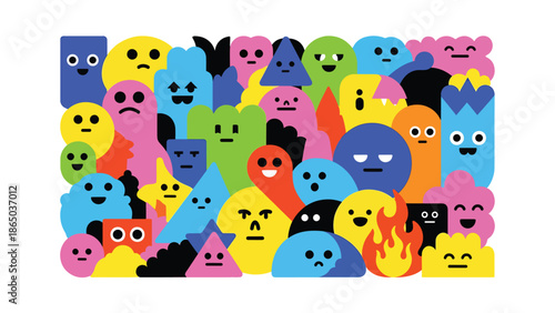 Street art inspired mural vector illustration with playful abstract characters simplified into shapes, friendly graffiti aesthetic ideal for youth-focused posters and urban wallpapers