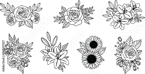 Line art floral bouquet collection with roses lilies and sunflowers detailed close up botanical arrangements in black outline vector for wedding stationery and decor greeting cards printables