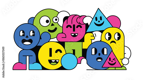 Street art inspired mural vector illustration with playful abstract characters simplified into shapes, friendly graffiti aesthetic ideal for youth-focused posters and urban wallpapers