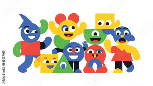 Street art inspired mural vector illustration with playful abstract characters simplified into shapes, friendly graffiti aesthetic ideal for youth-focused posters and urban wallpapers