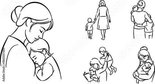 Line art close up mother holding toddler in tender embrace with sleeping child five pose set walking reading carrying hugging calm maternal illustration minimalist vector icon
