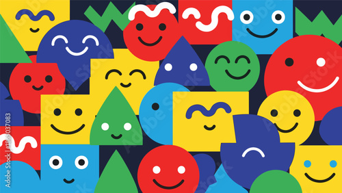 Street art inspired mural vector illustration with playful abstract characters simplified into shapes, friendly graffiti aesthetic ideal for youth-focused posters and urban wallpapers