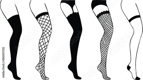 Line art side profile of five female legs wearing varied stockings fishnet lace and garter showing different poses in minimal monochrome vector illustration soft contrast style