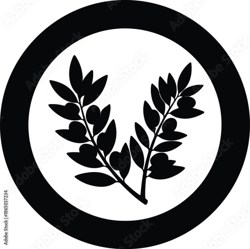 Silhouette Mediterranean olive branches with fruits in a minimalist round frame Vector Illustration
