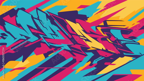 Graffiti-style urban mural vector with strong diagonal movement, layered shapes, and energetic composition, flat design suitable for bold posters, wallpapers, and fashion graphics