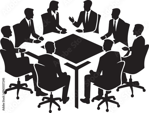 A diverse group of business professionals holds a meeting around a conference table, depicted as a black silhouette icon, signifying discussion and teamwork.