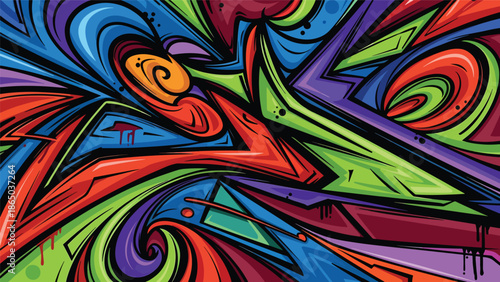 Graffiti-style urban mural vector with strong diagonal movement, layered shapes, and energetic composition, flat design suitable for bold posters, wallpapers, and fashion graphics