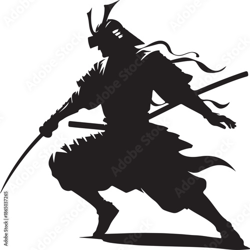 Powerful silhouette illustration of a Japanese samurai warrior with a katana, depicted in a ready-to-strike combat stance.