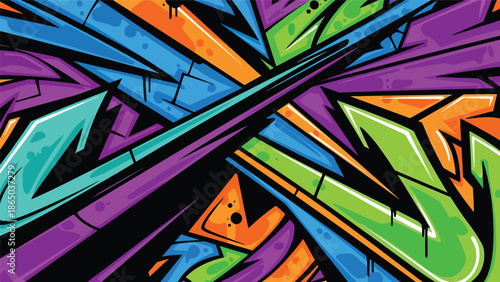 Graffiti-style urban mural vector with strong diagonal movement, layered shapes, and energetic composition, flat design suitable for bold posters, wallpapers, and fashion graphics