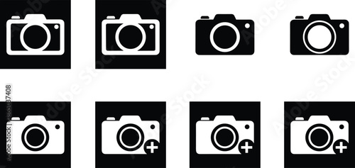 Digital camera icon set for photography apps social media gallery and camera settings with add symbol plus sign.
