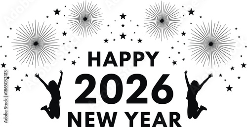 Happy New Year 2026 celebration illustration with fireworks silhouettes stars and festive typography design for holiday greeting projects