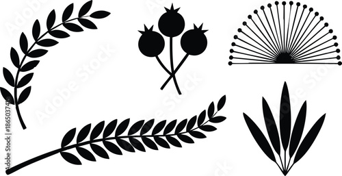 Flat vector silhouette botanical set with laurel wheat and pomegranate pods fan palm leaves agave cluster isolated on white background minimalist monochrome decorative badge ornamental design