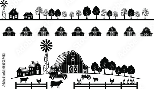 Farm life silhouettes, rural landscape, barn and windmill, livestock icons, black illustration, agriculture scene, countryside design, tractor and animals