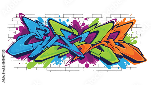 Contemporary graffiti-inspired mural vector illustration showcasing urban creativity through abstract shapes interacting dynamically across a stylized wall background, ideal for posters and wallpapers