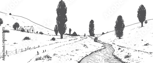Landscape with a river and trees. Black and white vector illustration of a simple countryside scene featuring minimal details.