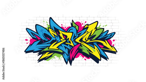Contemporary graffiti-inspired mural vector illustration showcasing urban creativity through abstract shapes interacting dynamically across a stylized wall background, ideal for posters and wallpapers