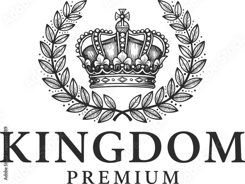 Detailed Hand-Drawn Style Logo Featuring a Royal Crown Encircled by a Laurel Wreath with Bold Kingdom Premium Typography