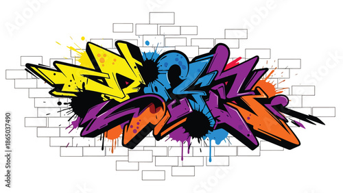 Contemporary graffiti-inspired mural vector illustration showcasing urban creativity through abstract shapes interacting dynamically across a stylized wall background, ideal for posters and wallpapers