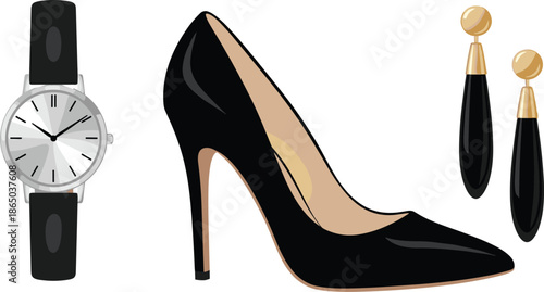 Fashion accessories set, wristwatch, high heel, earrings, elegant style, black and gold, modern design, formal wear, stylish items, vector illustration