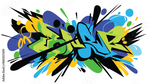 Contemporary graffiti-inspired mural vector illustration showcasing urban creativity through abstract shapes interacting dynamically across a stylized wall background, ideal for posters and wallpapers