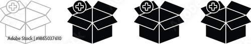Cardboard box delivery icon set with plus symbol for add to cart inventory logistics shipping and e-commerce web.