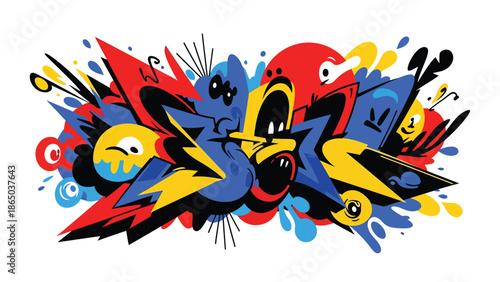 Street mural vector illustration with strong contrast, rounded shapes, angular elements, and expressive motion lines, graffiti-inspired flat design for bold visual communication