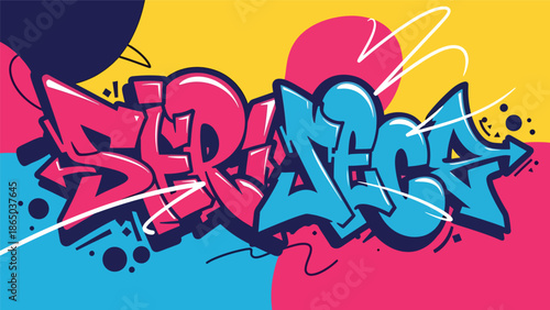 Street mural vector illustration with strong contrast, rounded shapes, angular elements, and expressive motion lines, graffiti-inspired flat design for bold visual communication