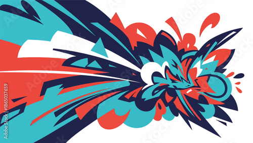 Street mural vector illustration with strong contrast, rounded shapes, angular elements, and expressive motion lines, graffiti-inspired flat design for bold visual communication