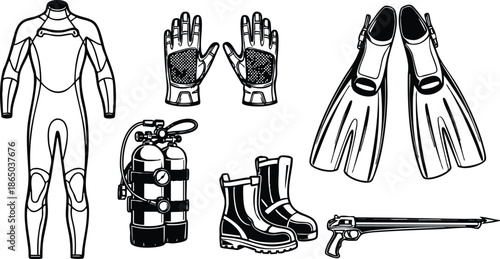 Line art close up scuba gear set wetsuit fins boots gloves dual tank and speargun arranged on white background top view detailed technical equipment vector illustration