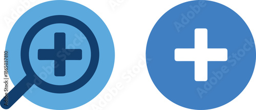 Blue vector icon set featuring magnifying glass with plus sign and add button for web interface and apps.