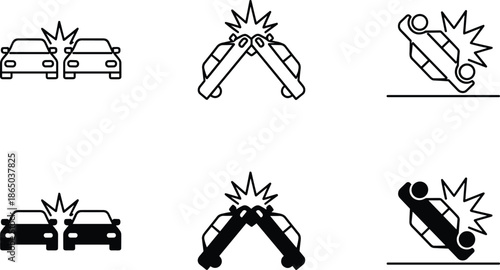 Solid and Outline Vector Icon Set Featuring Head-On Collisions and Rollover Vehicle Accidents for Insurance Claims Branding