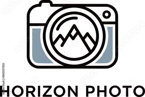 Horizon photo camera logo design with mountain landscape peak inside the lens for photography studio and outdoor adventure travel brand
