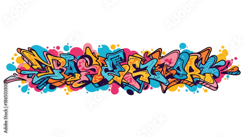 Panoramic graffiti-inspired mural vector illustration with abstract forms flowing horizontally across wall surface, flat design optimized for wide wallpapers and large-format displays
