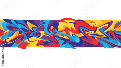Panoramic graffiti-inspired mural vector illustration with abstract forms flowing horizontally across wall surface, flat design optimized for wide wallpapers and large-format displays