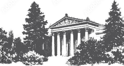 Classical museum building with columns and detailed architecture. Surrounded by trees and garden elements, this vector illustration showcases a historical landmark.