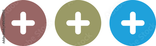 Set of three colorful plus sign icons in circles including brown green and blue for medical health addition.