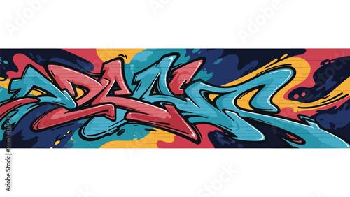 Panoramic graffiti-inspired mural vector illustration with abstract forms flowing horizontally across wall surface, flat design optimized for wide wallpapers and large-format displays