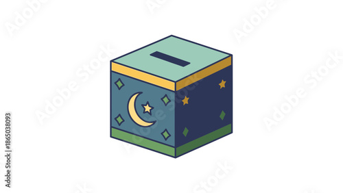A colorful illustration of a donation box with a crescent moon and stars on a white background.