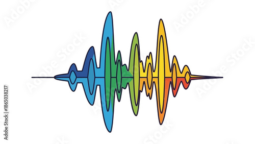 Vibrant sound wave graphic with multicolored pulses on a white background, showcasing a dynamic audio visualizer.
