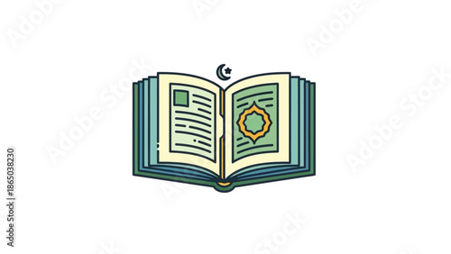 Illustration of an open book with a crescent moon on top, featuring green and orange details on the pages against a white background.