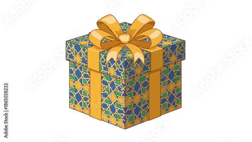 A gift box with a gold bow and blue and green pattern on a white background.