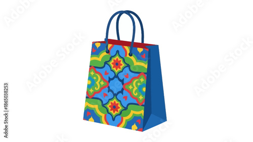 A colorful reusable shopping bag with a vibrant geometric pattern on a white background, featuring blue handles and sides.