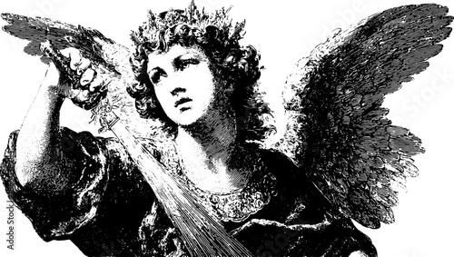 Angel illustration in vintage style. Detailed outline vector of a divine character, featuring wings and a sword in this fine art set.
