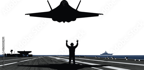 Jet aircraft silhouette, aircraft carrier, military aviation, naval operation, landing scene, sea mission, black illustration, precision flight, defense concept