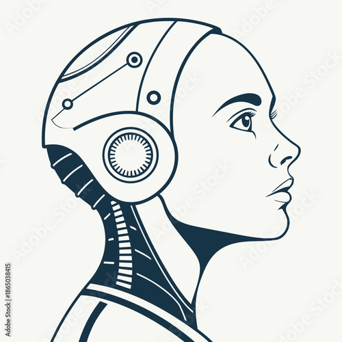 Cyborg woman with futuristic robotic headgear and circuitry