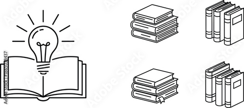 Education icon set featuring lightbulb on open book for bright ideas and various book stacks for library research.