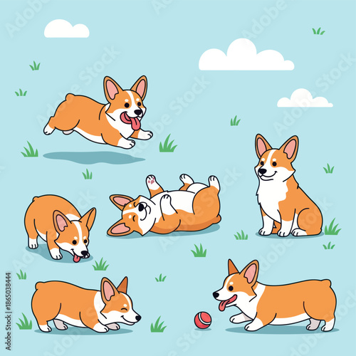 Playful Corgis in Various Poses on a Light Blue Background.